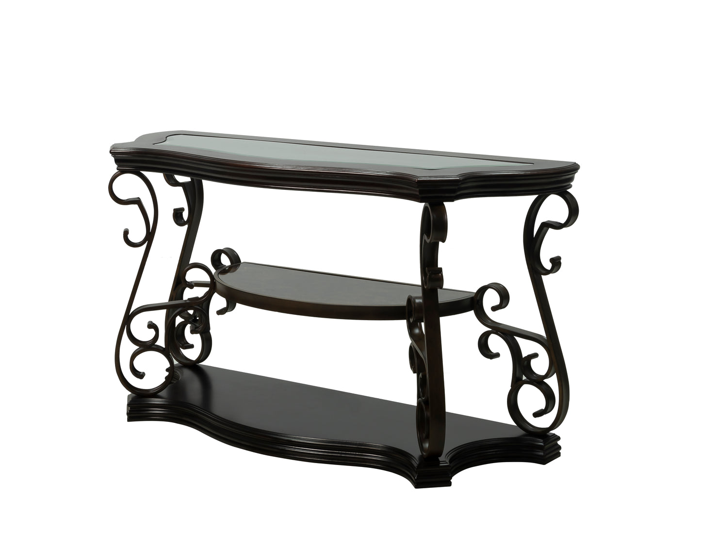 Glass Top Accent Table, Sofa Table with 3 shelves and Scroll Metal Legs.