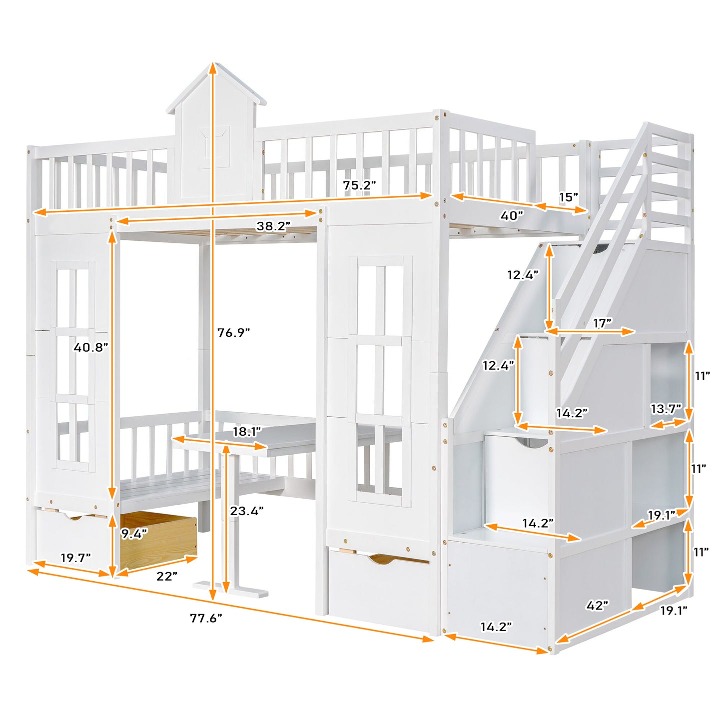 Twin-Over-Twin Bunk Bed with Convertible Picnic Style Table or Desk with 2 Drawers, White