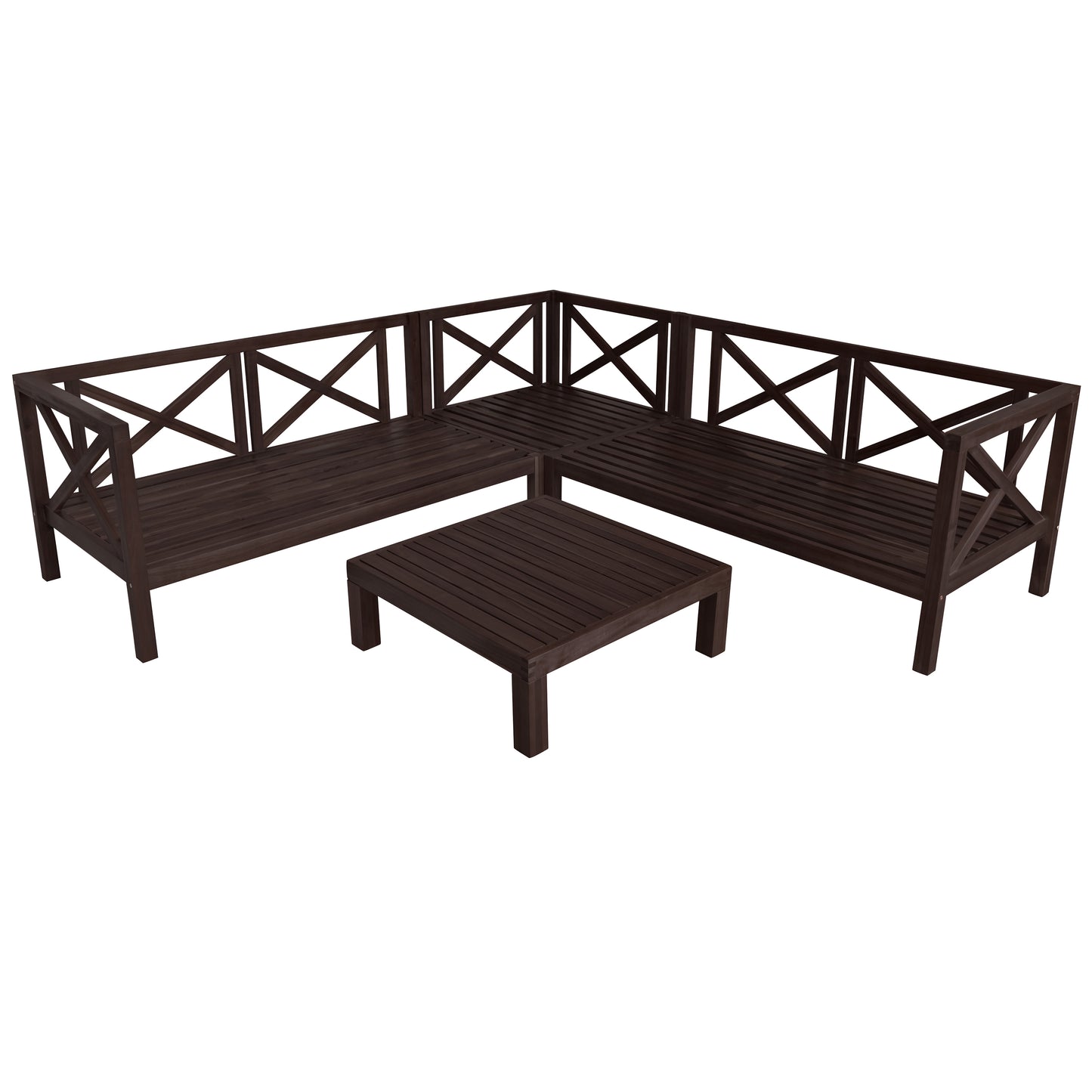 4-Piece, X-Back Sectional Patio Sofa Seating Set with Dark Brown Wood, Beige Cushions and Table
