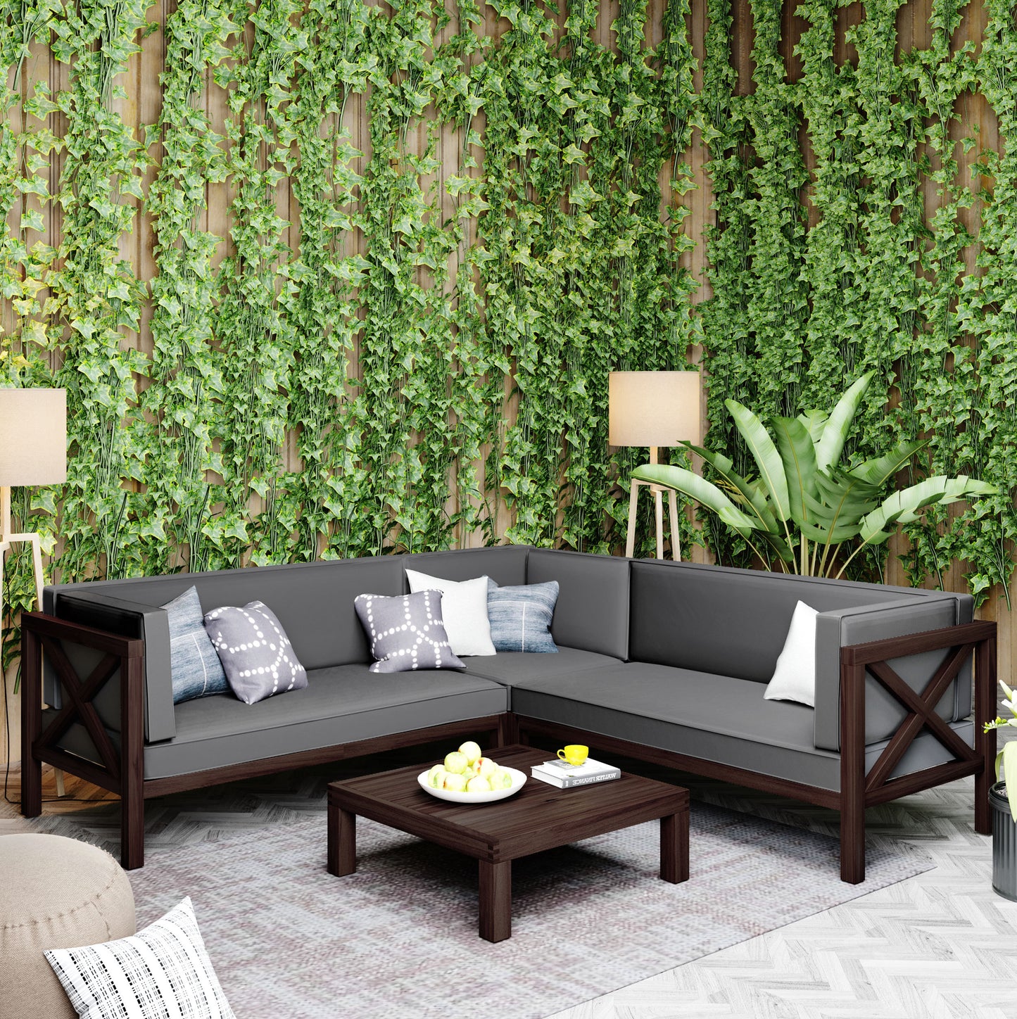 4-Piece, X-Back Dark Brown Wood Patio Sectional Sofa Set with Gray Cushions and Table