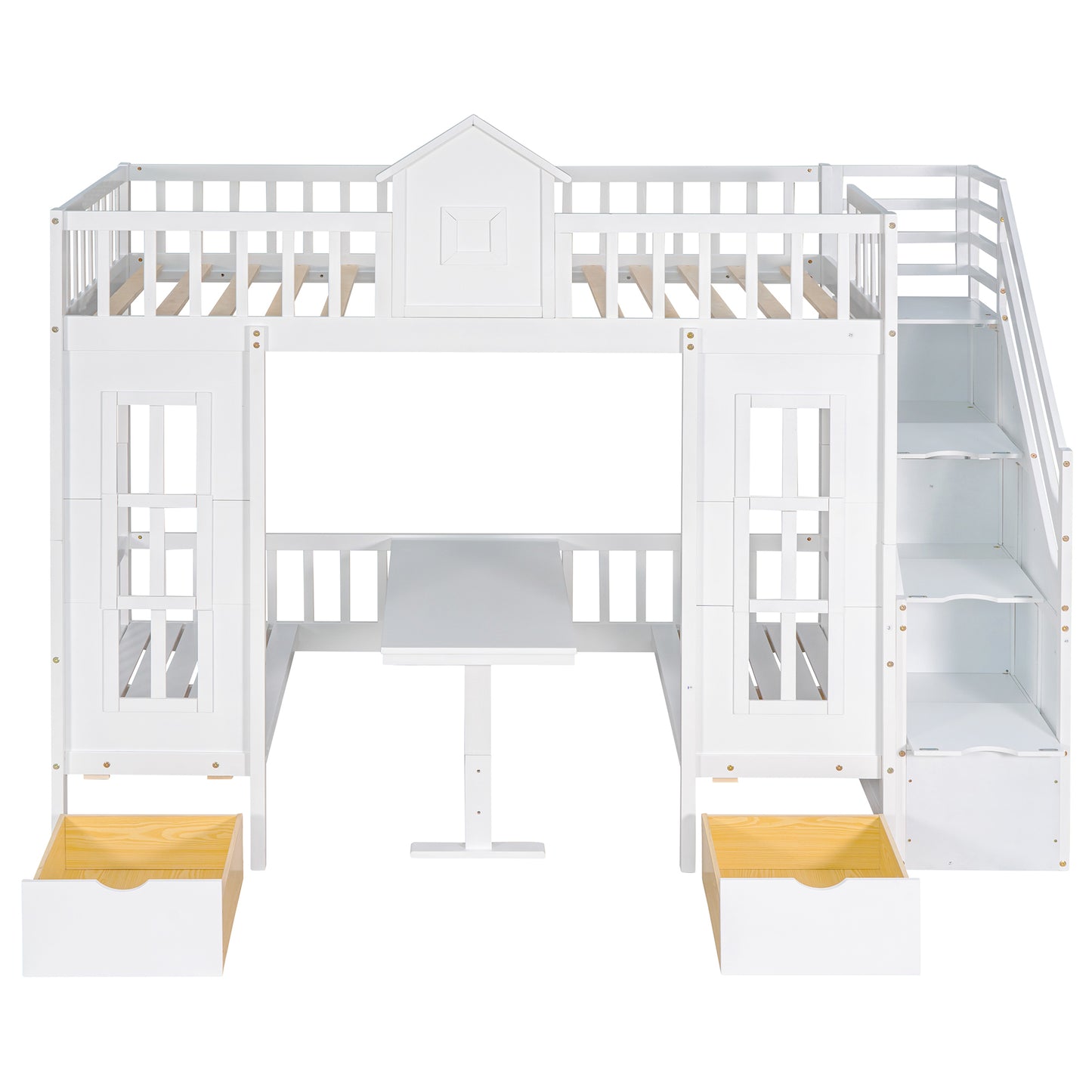Twin-Over-Twin Bunk Bed with Convertible Picnic Style Table or Desk with 2 Drawers, White