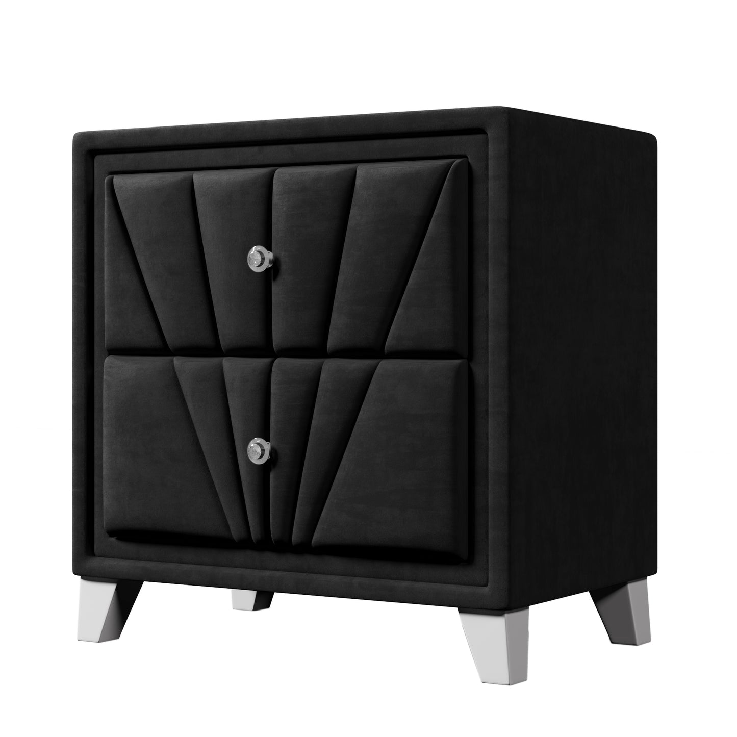 Black Contemporary Velvet Upholstered Glass Top Nightstand End Table with Two Drawers