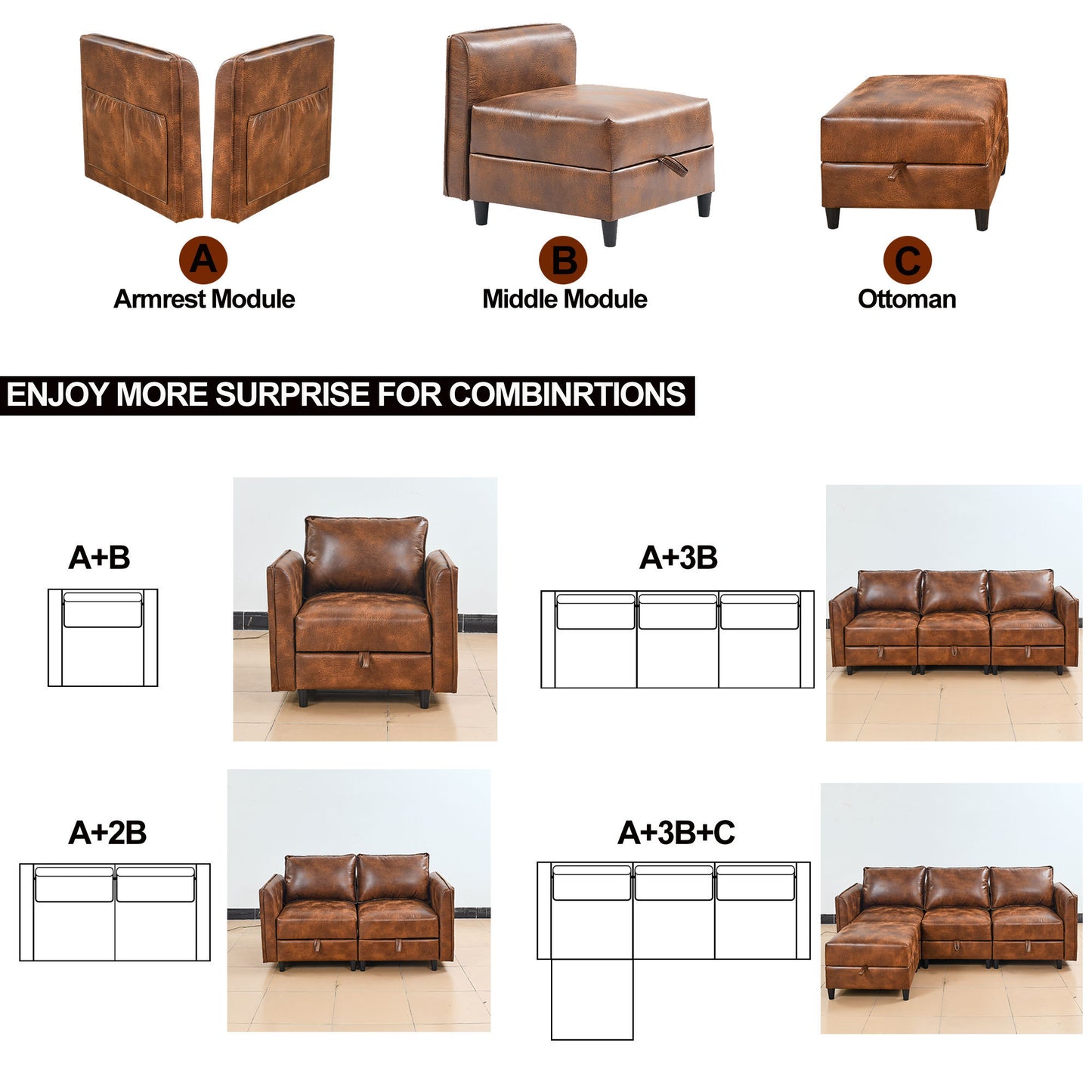3-Piece Combination Convertible Brown Sleeper Sofa Set with Storage