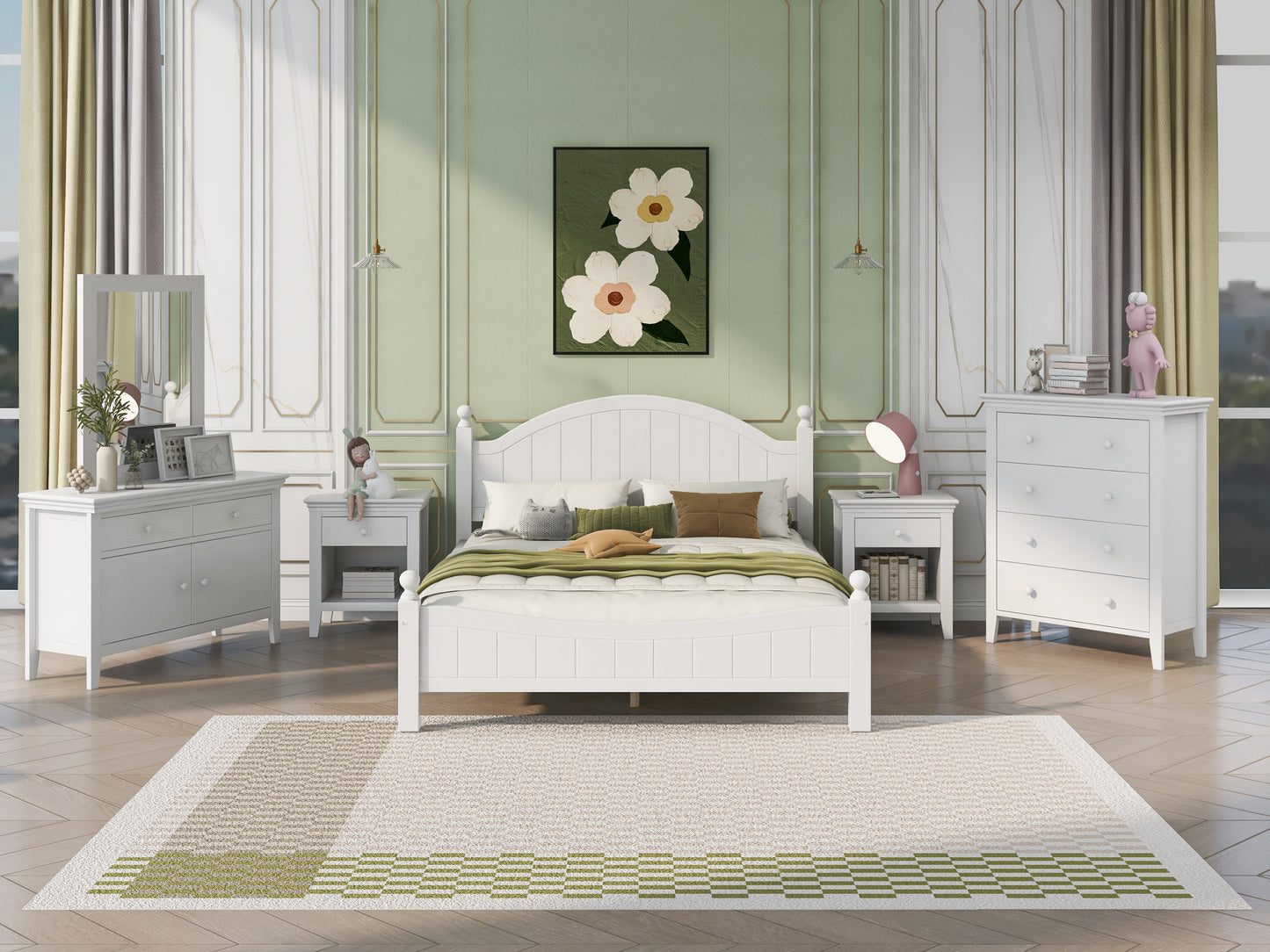 6 Pieces Traditional Style White Queen Bedroom Set With 2 Nightstands, Tall Dresser, and Wide Dresser/Cabinet/Chest with a Mirror