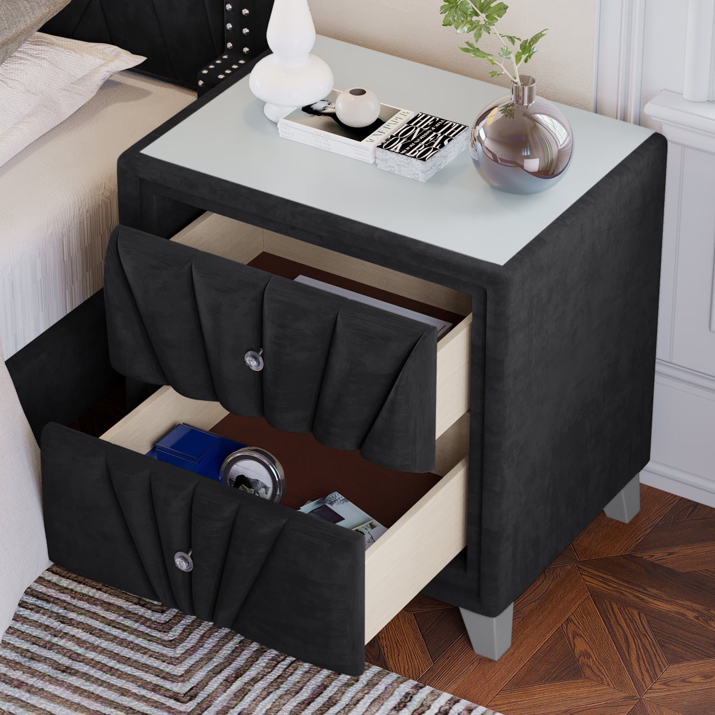 Black Contemporary Velvet Upholstered Glass Top Nightstand End Table with Two Drawers