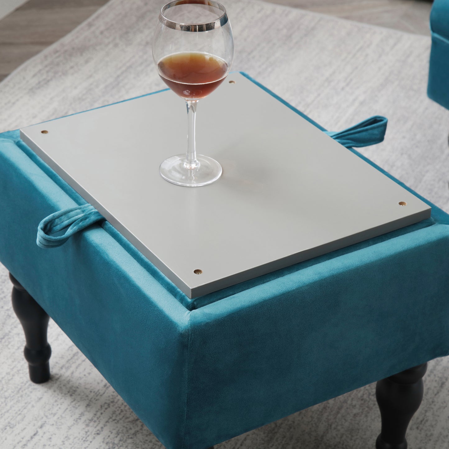 Velvet Upholstered Accent Chair Set with Ottoman, Button Tufted, Storage Ottoman with Tray, Contemporary Style, Teal