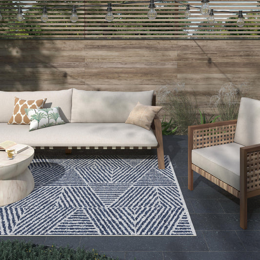 8x10 Area Rug, Denim Blue and White Zigzag Shaped Stripes, Indoor / Outdoor Polypropylene