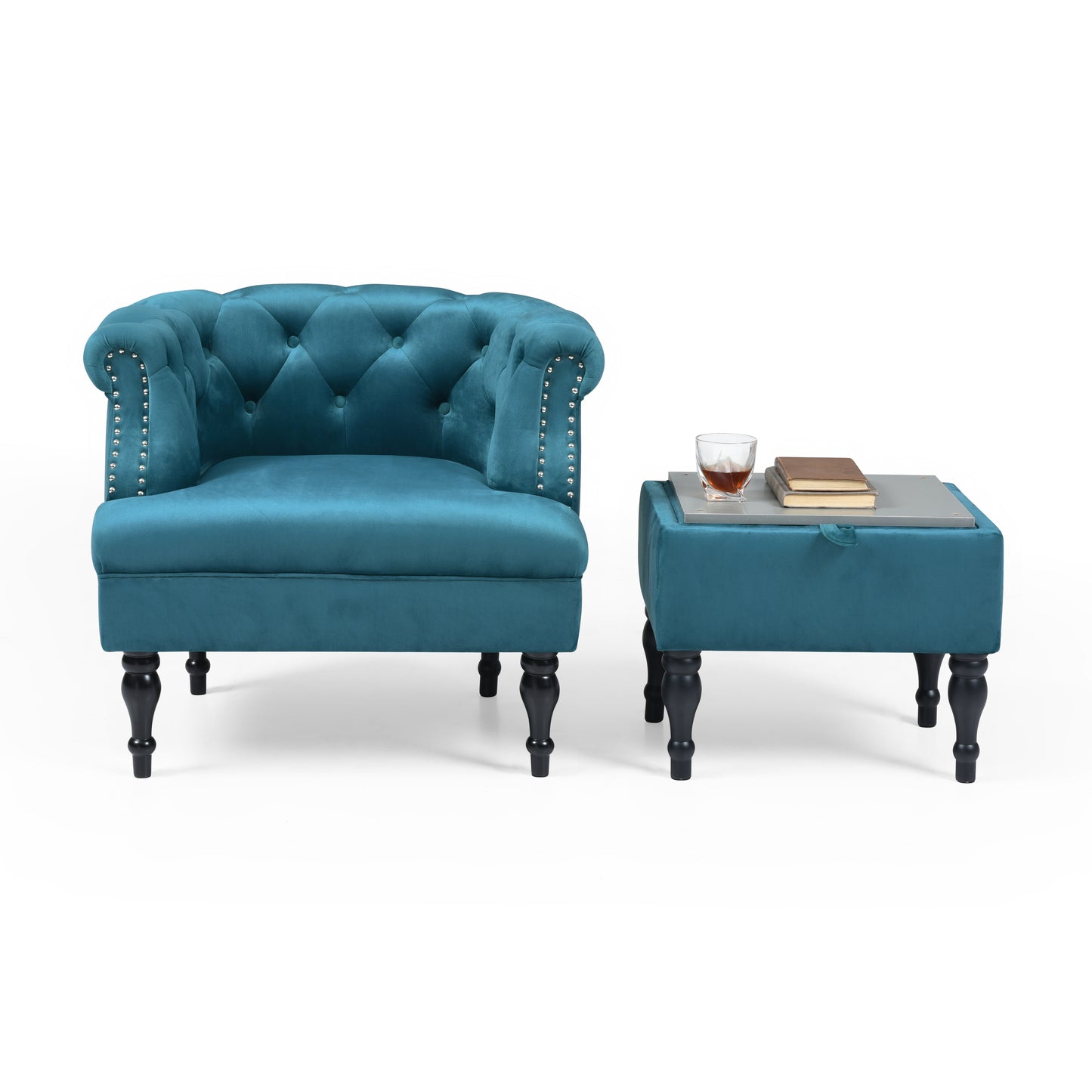Velvet Upholstered Accent Chair Set with Ottoman, Button Tufted, Storage Ottoman with Tray, Contemporary Style, Teal