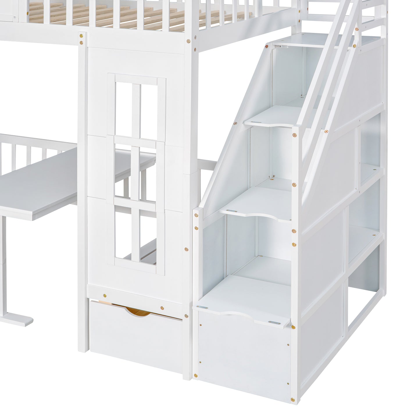 Twin-Over-Twin Bunk Bed with Convertible Picnic Style Table or Desk with 2 Drawers, White