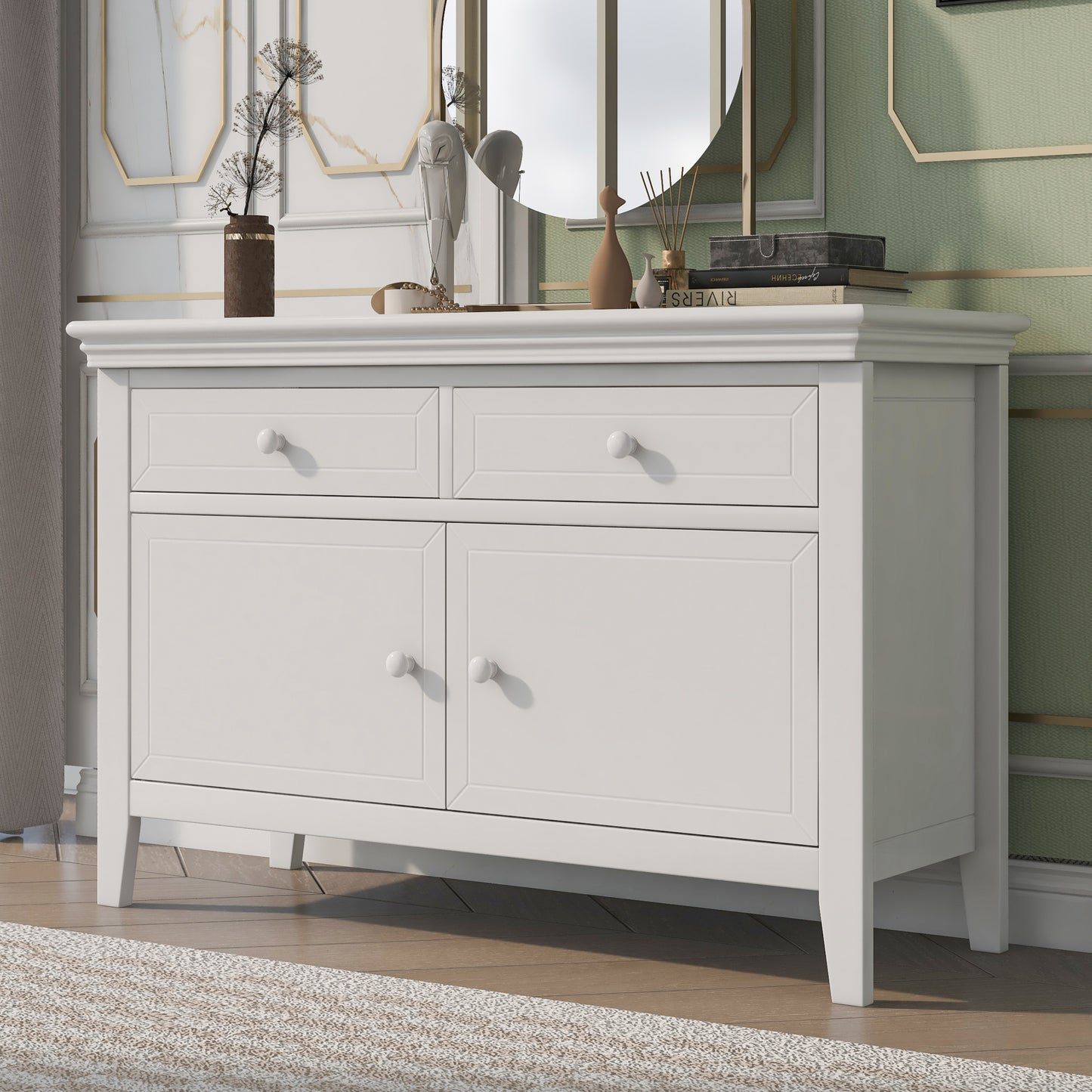 6 Pieces Traditional Style White Queen Bedroom Set With 2 Nightstands, Tall Dresser, and Wide Dresser/Cabinet/Chest with a Mirror