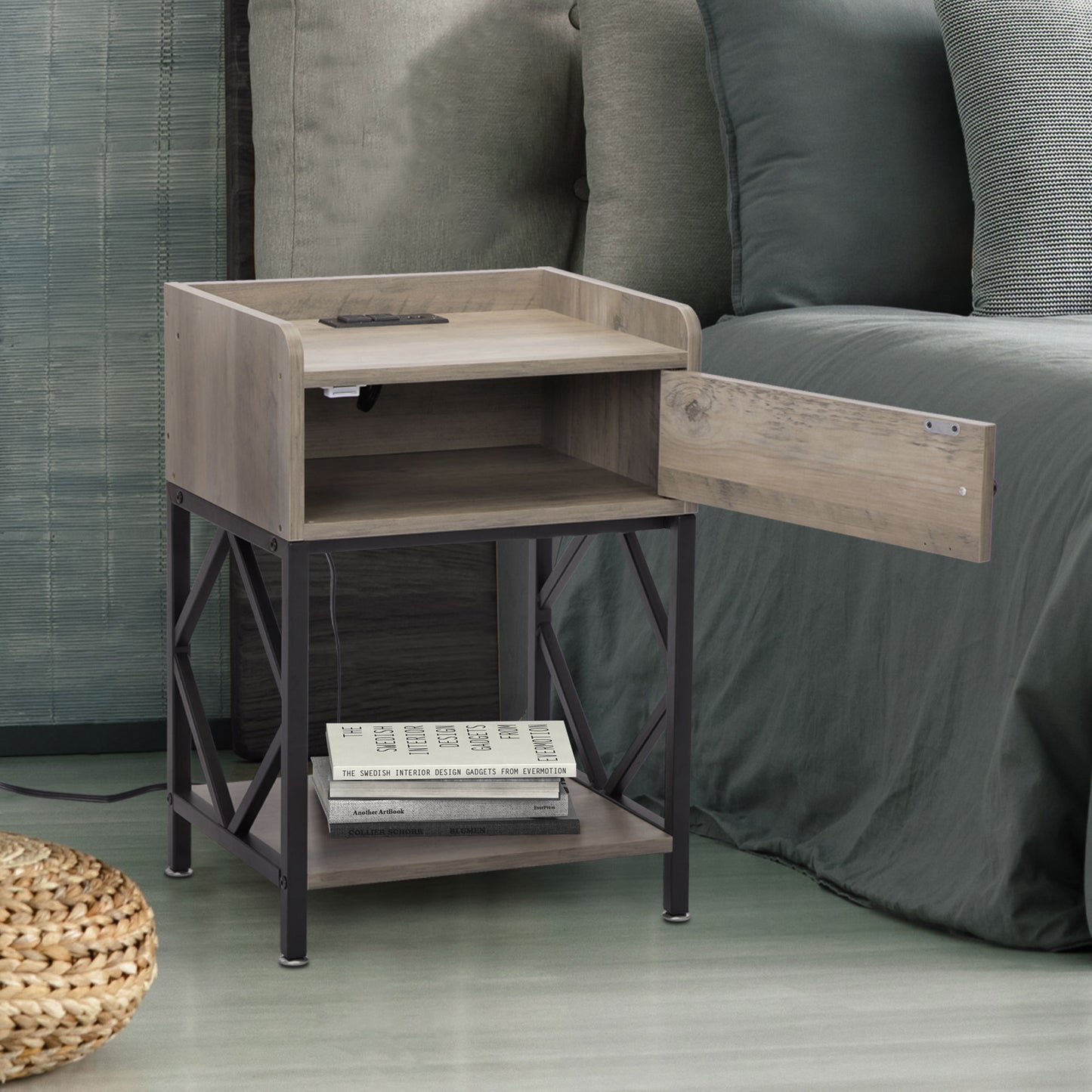 Set of 2 Farmhouse Style Wood End Table Nightstands with Charging Stations and USB Ports, Gray