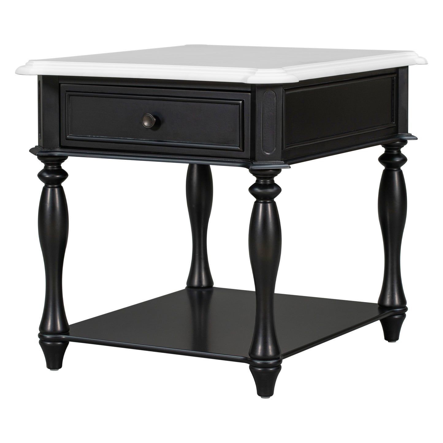 Classic Black and White End Table with Drawer and Bottom Shelf