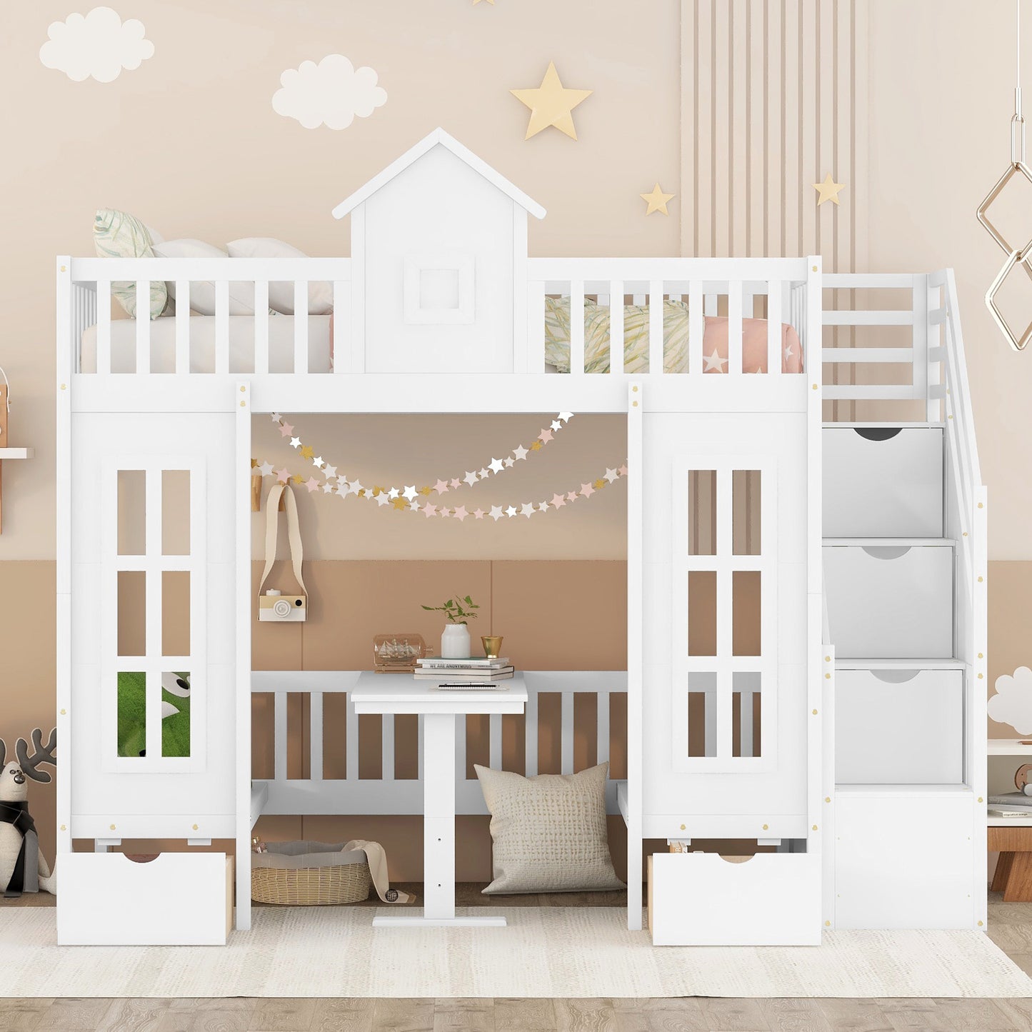 Twin-Over-Twin Bunk Bed with Convertible Picnic Style Table or Desk with 2 Drawers, White