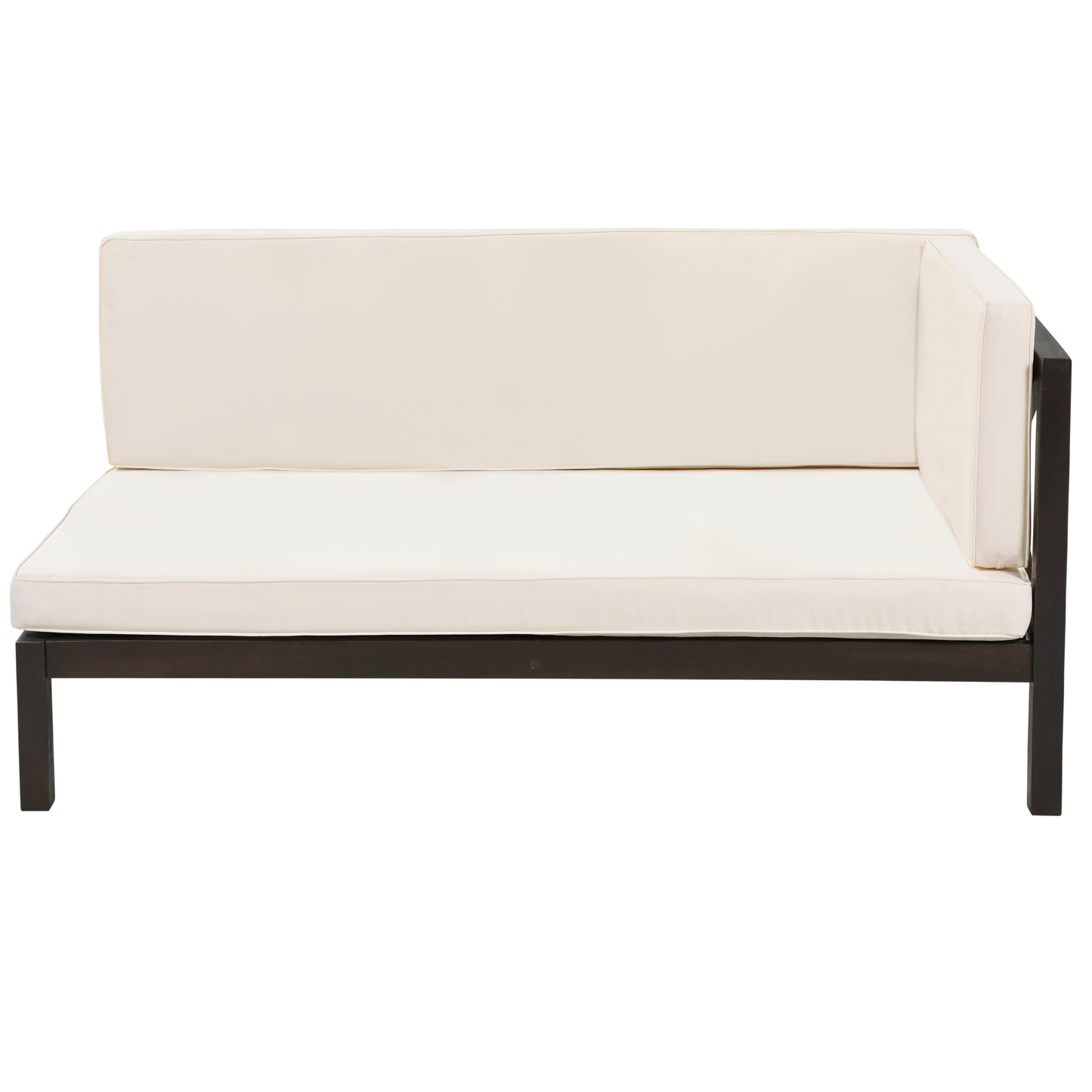 4-Piece, X-Back Sectional Patio Sofa Seating Set with Dark Brown Wood, Beige Cushions and Table