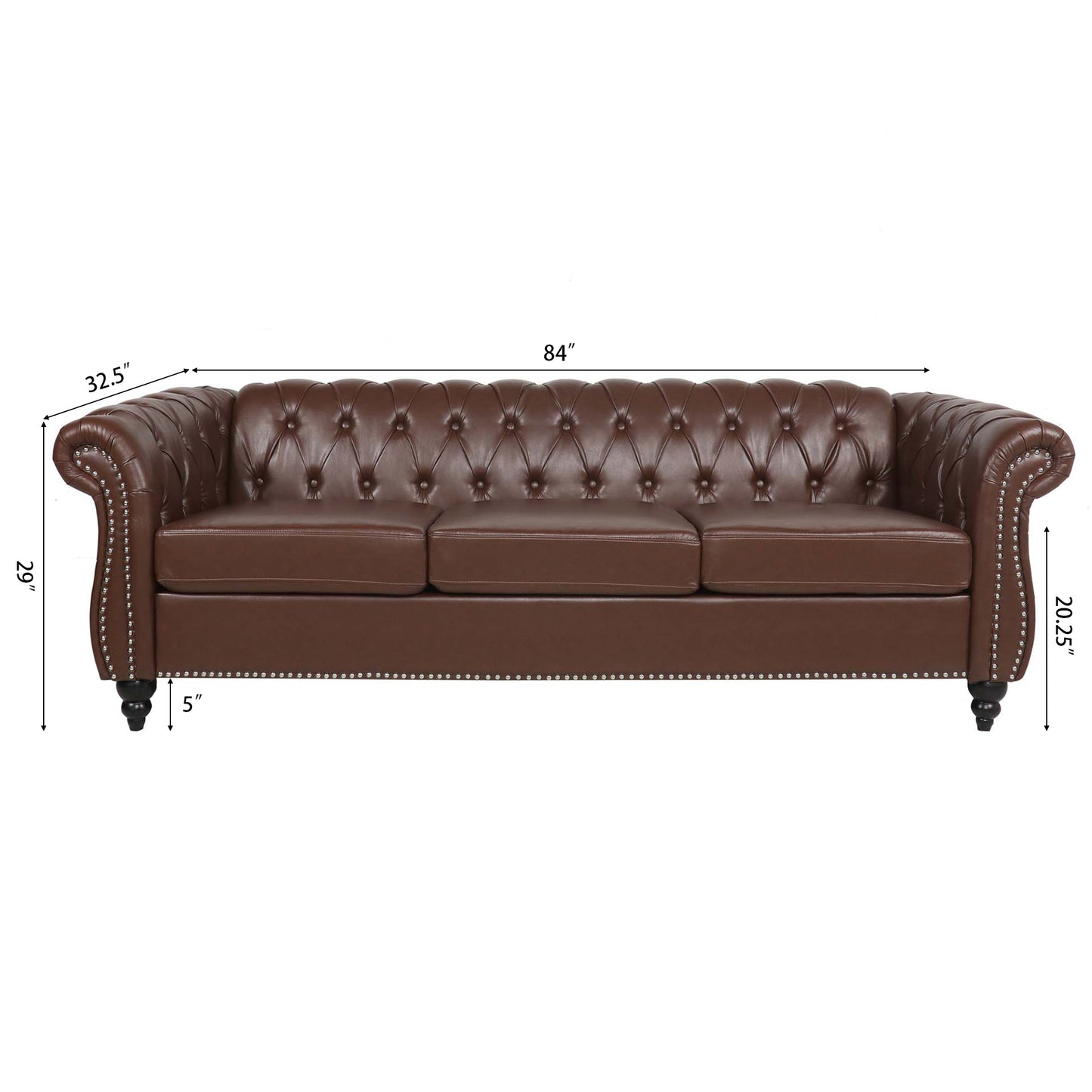 Dark Brown, Vegan Leather, Curved Arm, Chesterfield Inspired, Three Seat Sofa.