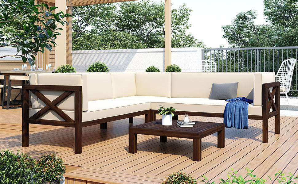 4-Piece, X-Back Sectional Patio Sofa Seating Set with Dark Brown Wood, Beige Cushions and Table