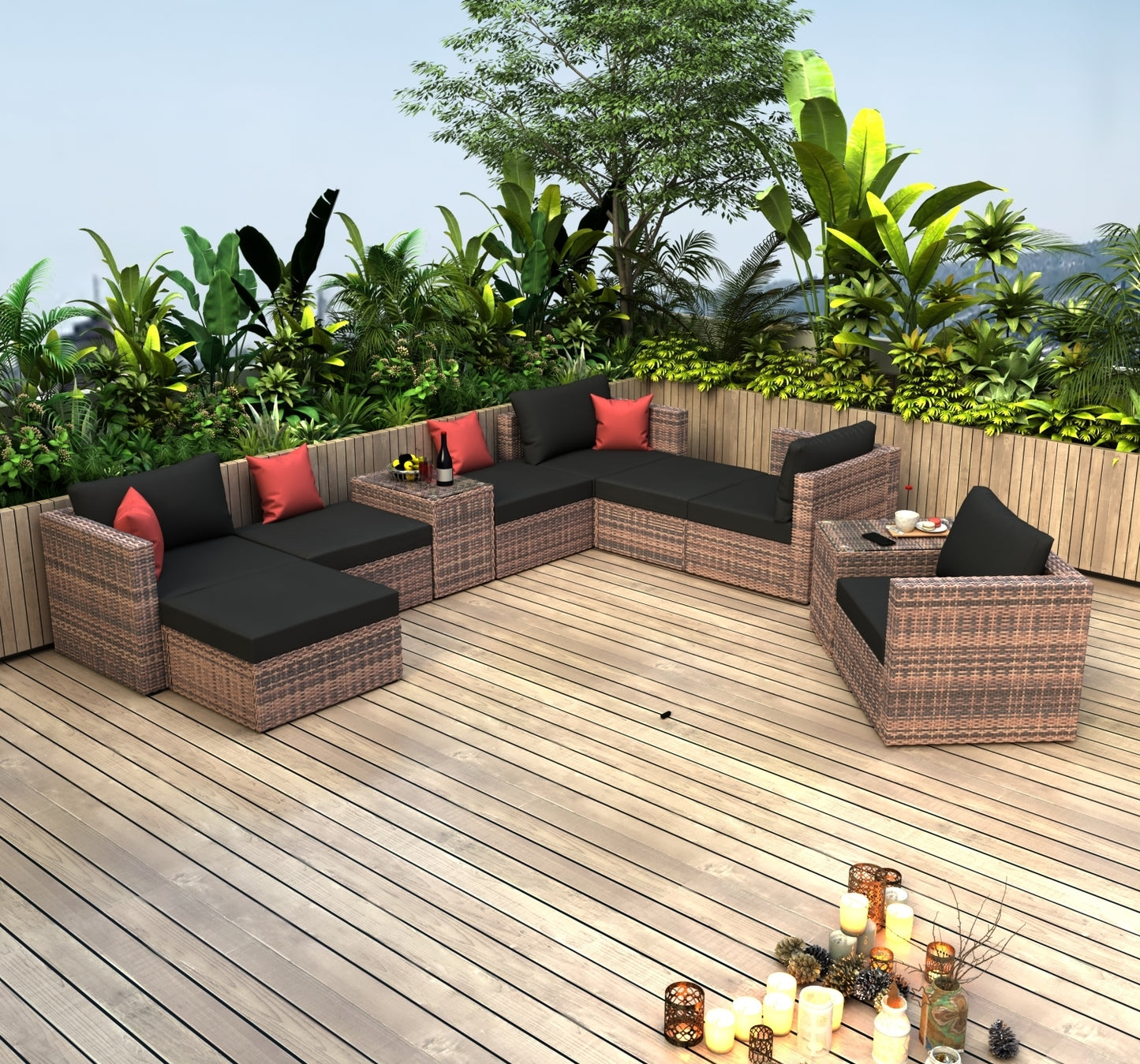 10-Piece Outdoor Patio, Convertible, Brown Sectional Set with Black Cushions and and Cover