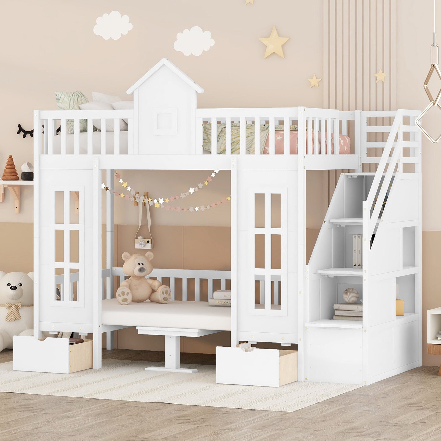Twin-Over-Twin Bunk Bed with Convertible Picnic Style Table or Desk with 2 Drawers, White
