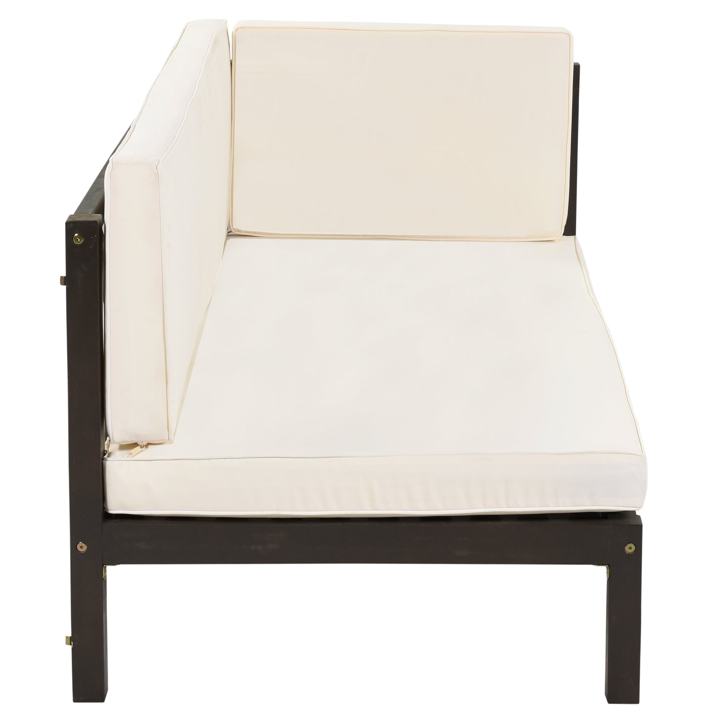 4-Piece, X-Back Sectional Patio Sofa Seating Set with Dark Brown Wood, Beige Cushions and Table