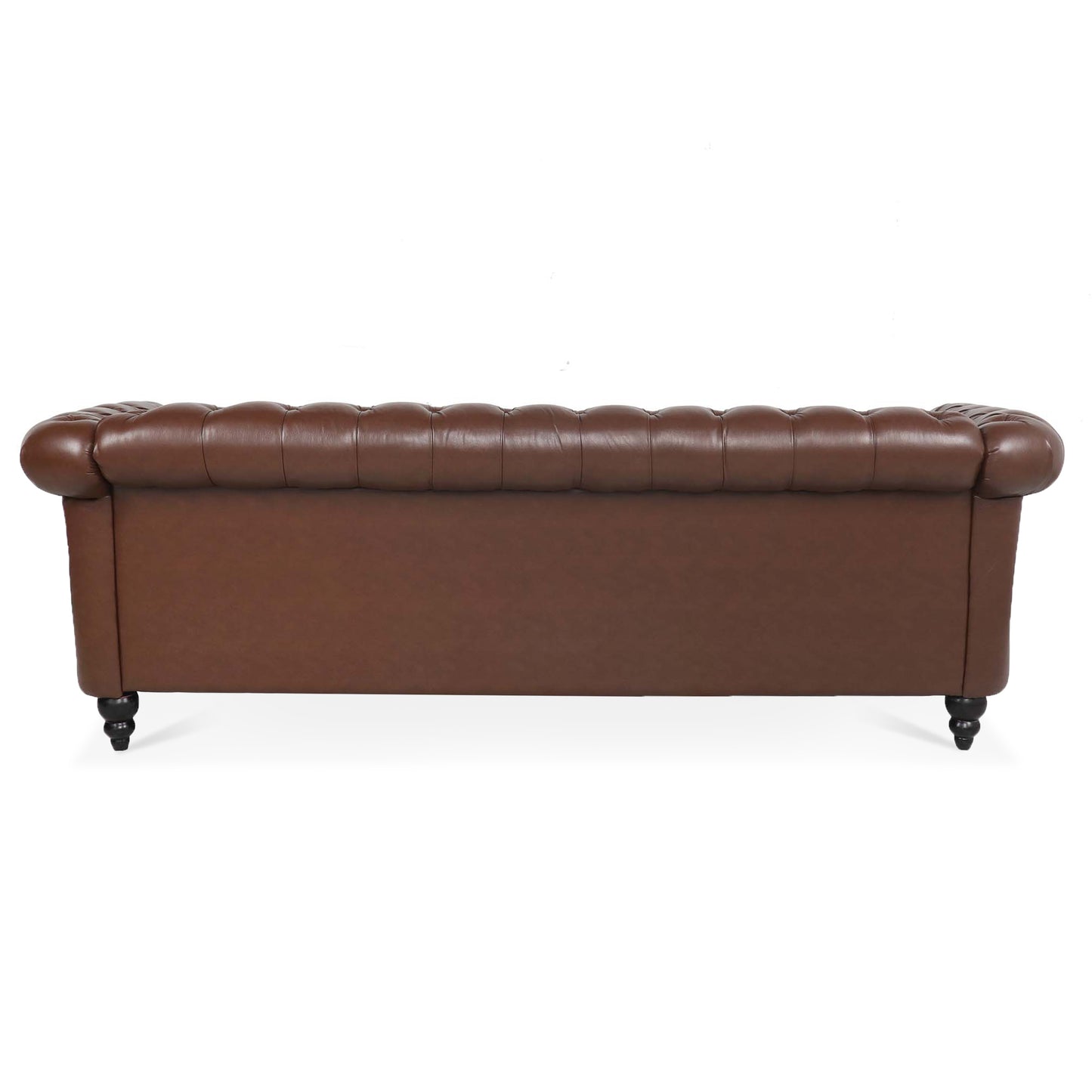 Dark Brown, Vegan Leather, Curved Arm, Chesterfield Inspired, Three Seat Sofa.