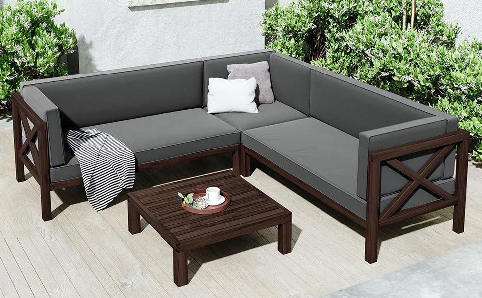 4-Piece, X-Back Dark Brown Wood Patio Sectional Sofa Set with Gray Cushions and Table