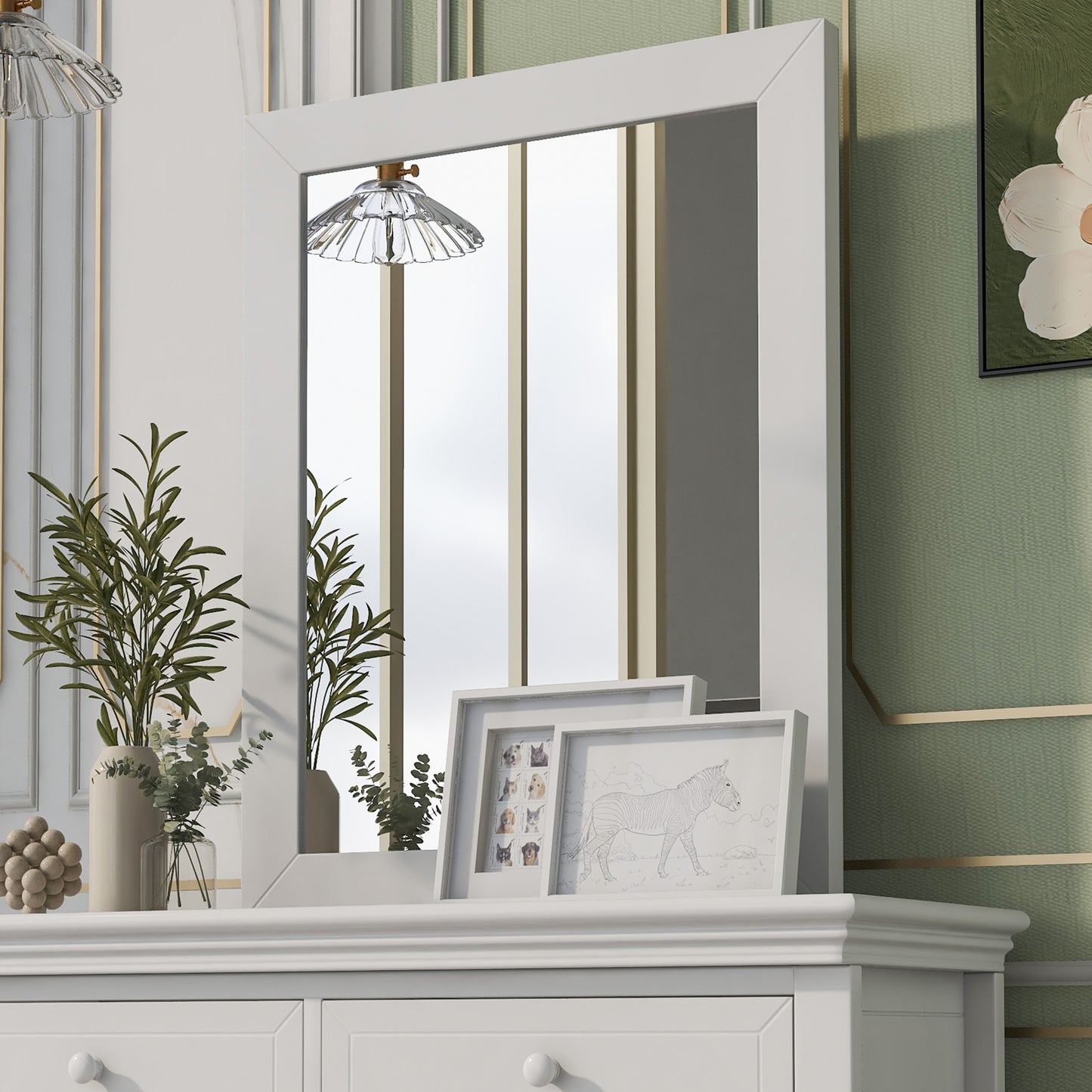 6 Pieces Traditional Style White Queen Bedroom Set With 2 Nightstands, Tall Dresser, and Wide Dresser/Cabinet/Chest with a Mirror