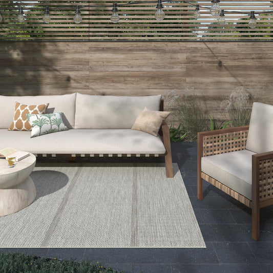 8X10 Area Rug Striped White and Linen Indoor / Outdoor Polypropylene Area Rug 8x10