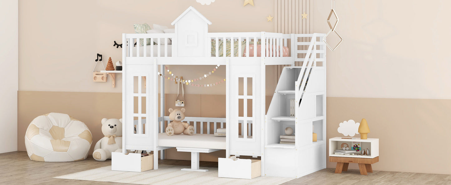 Twin-Over-Twin Bunk Bed with Convertible Picnic Style Table or Desk with 2 Drawers, White