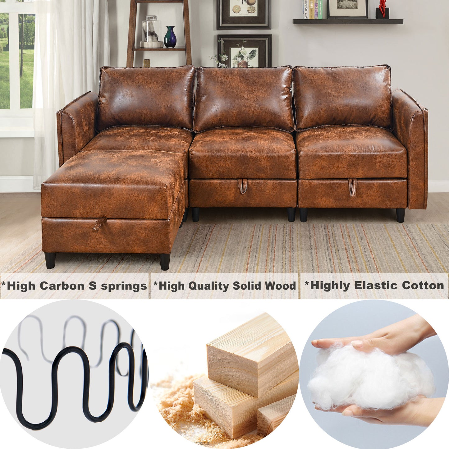 3-Piece Combination Convertible Brown Sleeper Sofa Set with Storage