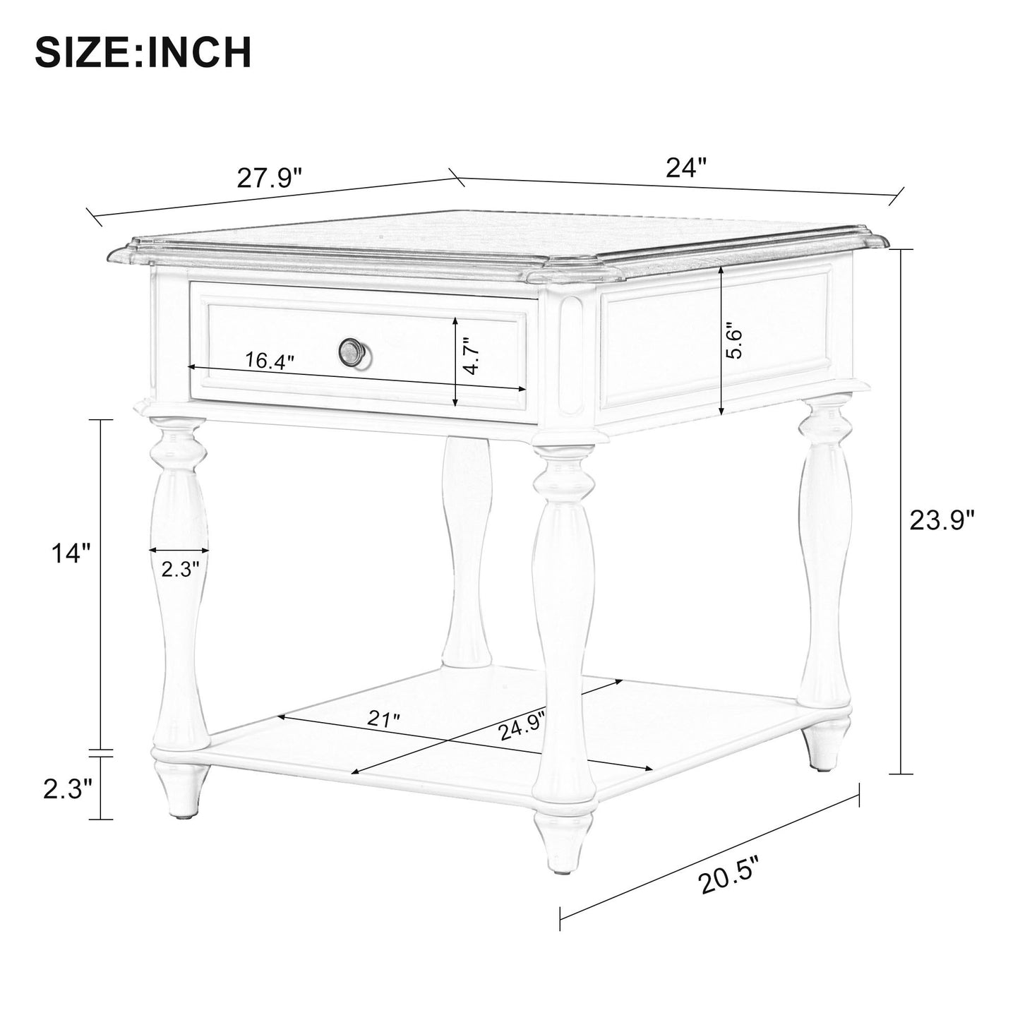 Classic Black and White End Table with Drawer and Bottom Shelf