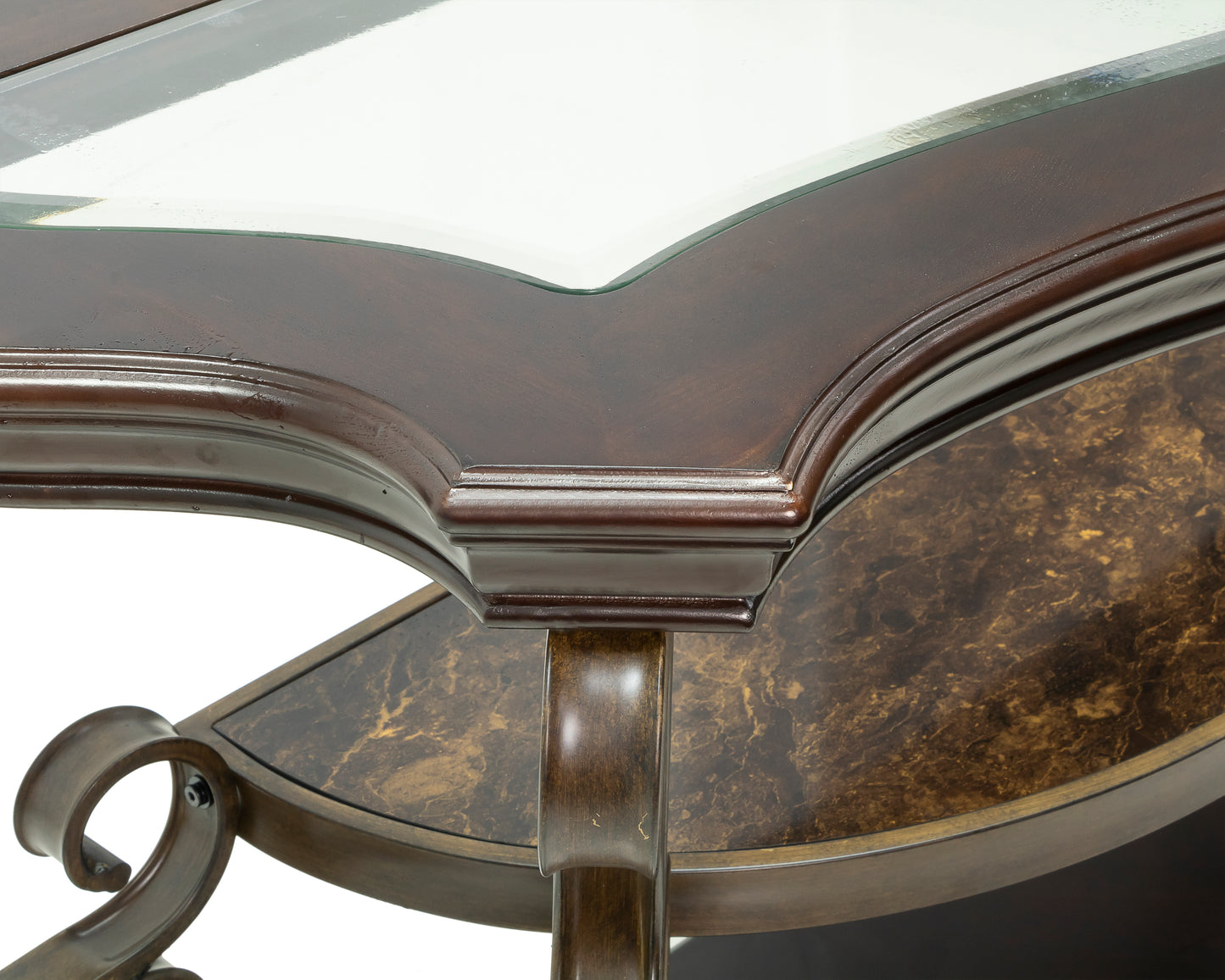 Glass Top Accent Table, Sofa Table with 3 shelves and Scroll Metal Legs.