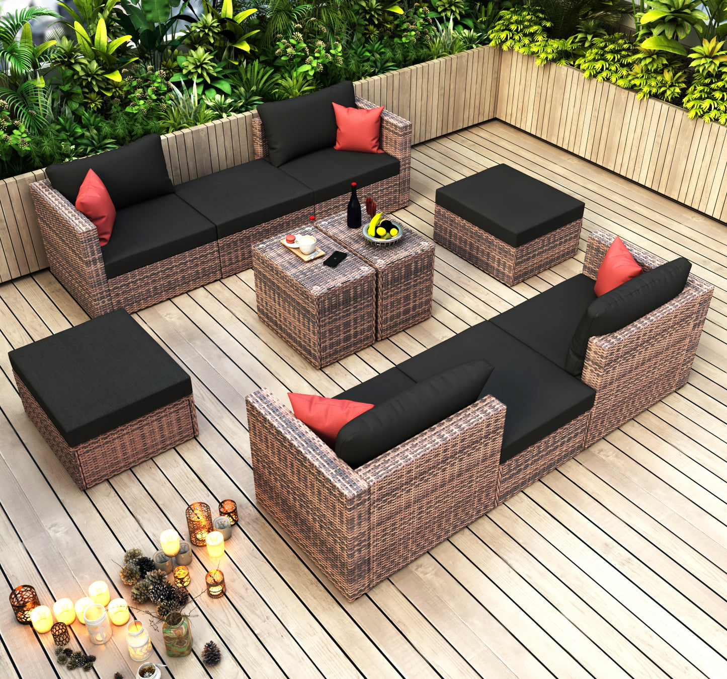 10-Piece Outdoor Patio, Convertible, Brown Sectional Set with Black Cushions and and Cover