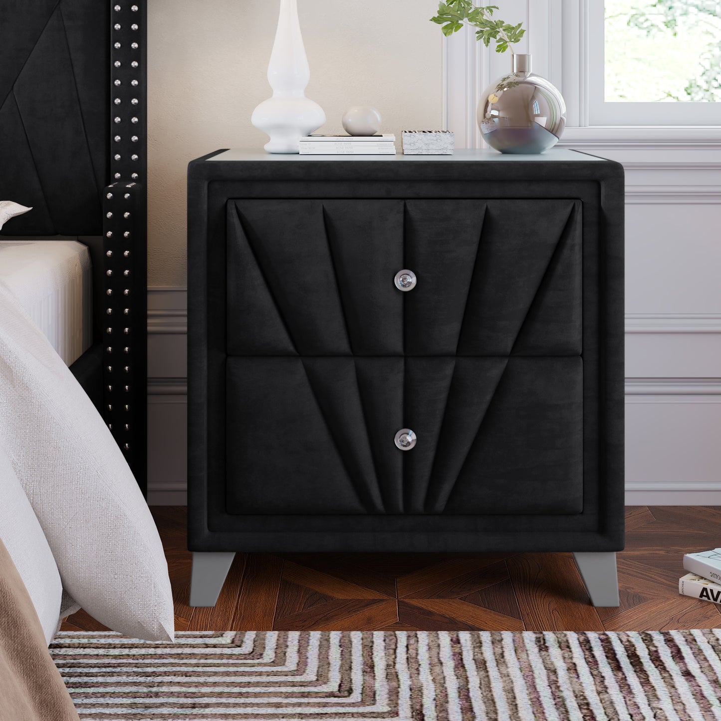 Black Contemporary Velvet Upholstered Glass Top Nightstand End Table with Two Drawers