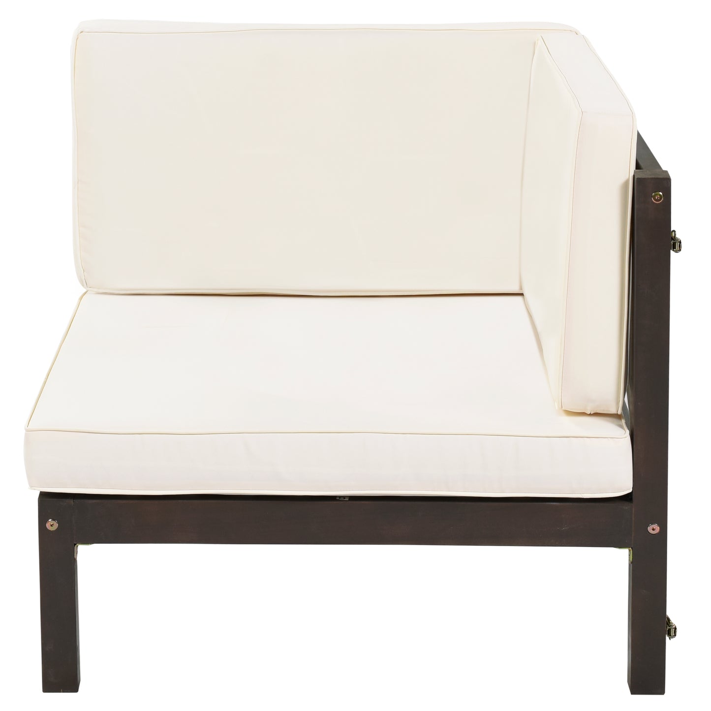 4-Piece, X-Back Sectional Patio Sofa Seating Set with Dark Brown Wood, Beige Cushions and Table