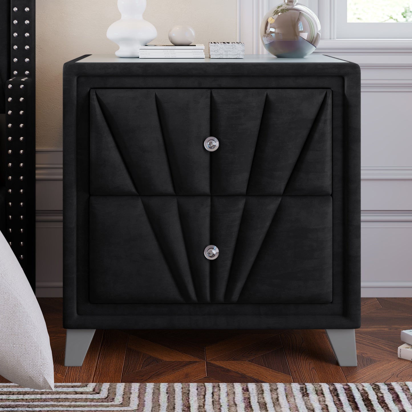 Black Contemporary Velvet Upholstered Glass Top Nightstand End Table with Two Drawers