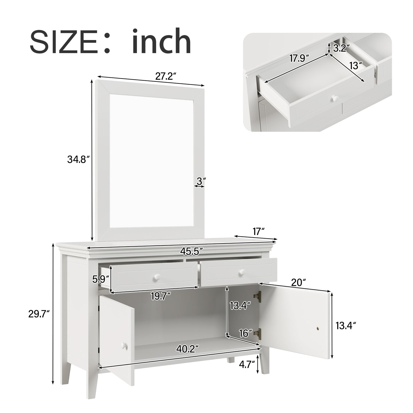 6 Pieces Traditional Style White Queen Bedroom Set With 2 Nightstands, Tall Dresser, and Wide Dresser/Cabinet/Chest with a Mirror
