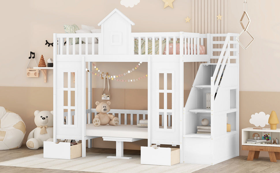 Twin-Over-Twin Bunk Bed with Convertible Picnic Style Table or Desk with 2 Drawers, White
