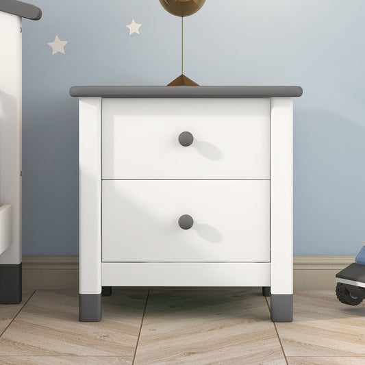Fun Wooden Nightstand with Two Drawers, White and Gray