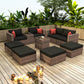 10 piece brown rattan wicker set with black cushions, outdoor patio set with coffee table