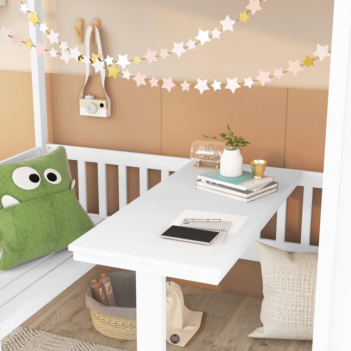 Twin-Over-Twin Bunk Bed with Convertible Picnic Style Table or Desk with 2 Drawers, White