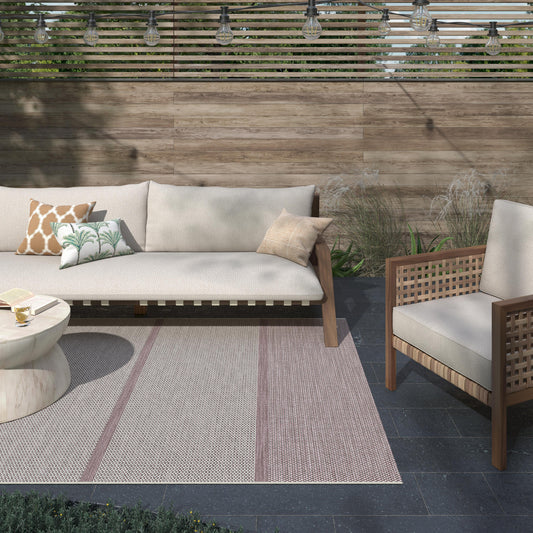 8X10 Area Rug, Striped White and Plum Indoor / Outdoor Polypropylene