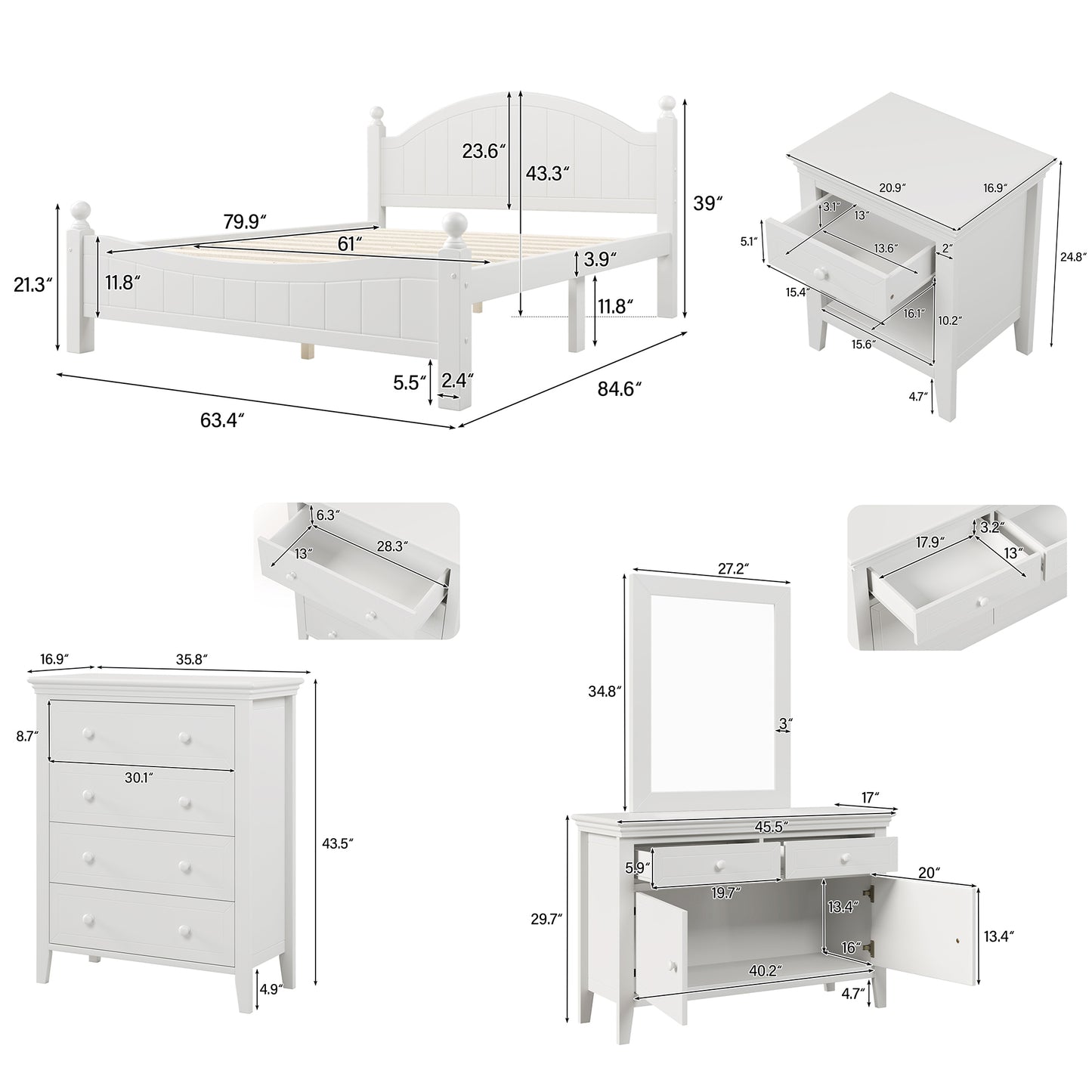 6 Pieces Traditional Style White Queen Bedroom Set With 2 Nightstands, Tall Dresser, and Wide Dresser/Cabinet/Chest with a Mirror