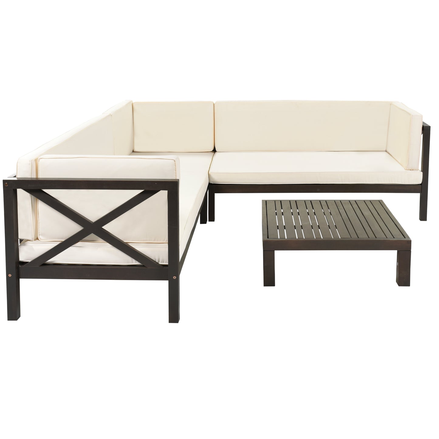 4-Piece, X-Back Sectional Patio Sofa Seating Set with Dark Brown Wood, Beige Cushions and Table