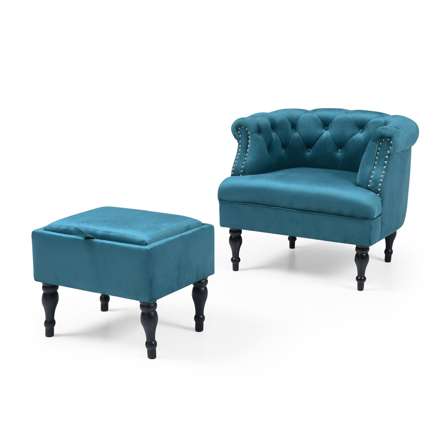 Velvet Upholstered Accent Chair Set with Ottoman, Button Tufted, Storage Ottoman with Tray, Contemporary Style, Teal