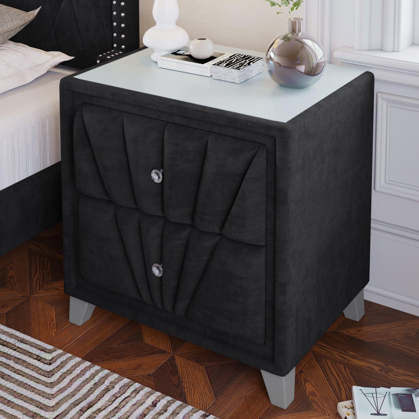 Black Contemporary Velvet Upholstered Glass Top Nightstand End Table with Two Drawers