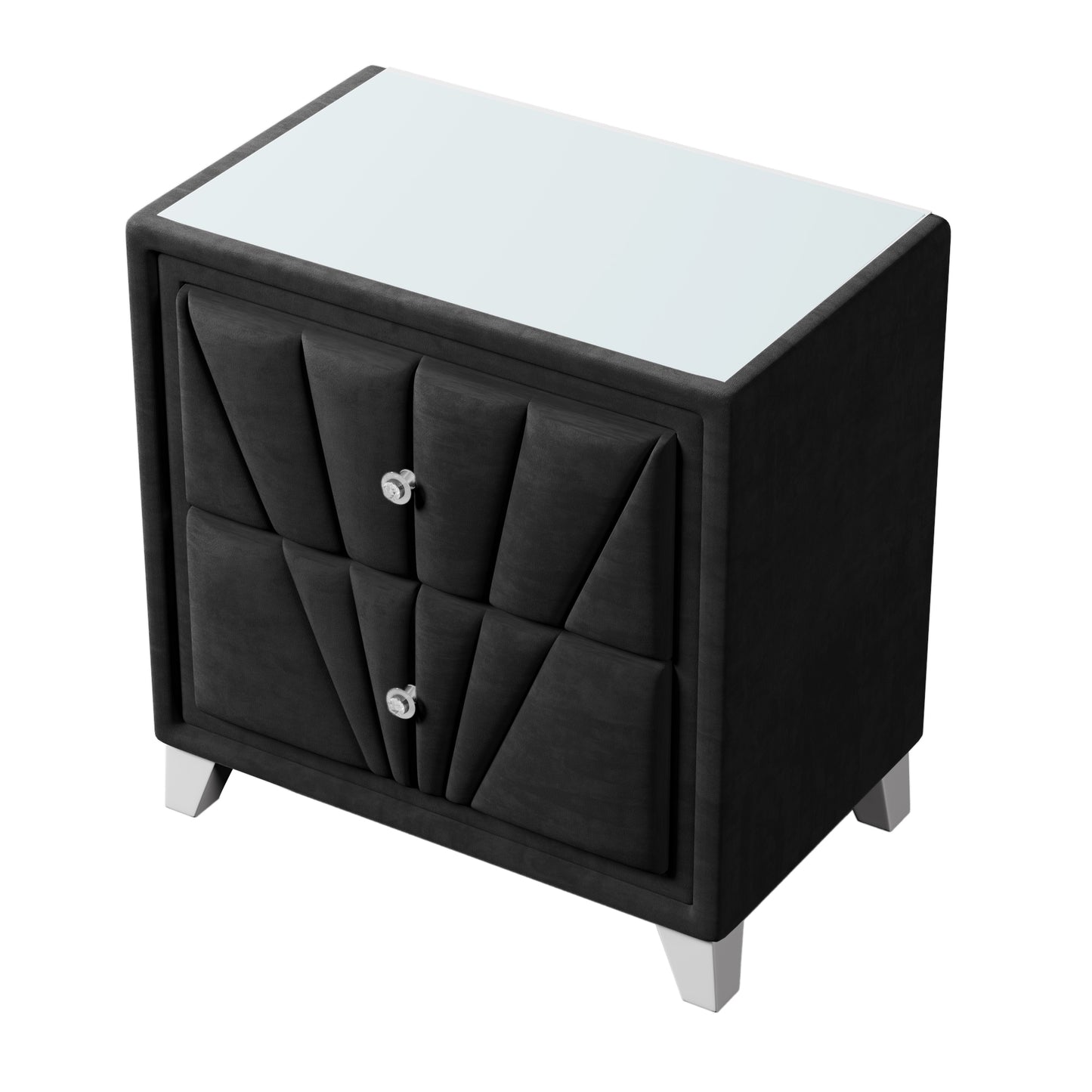 Black Contemporary Velvet Upholstered Glass Top Nightstand End Table with Two Drawers