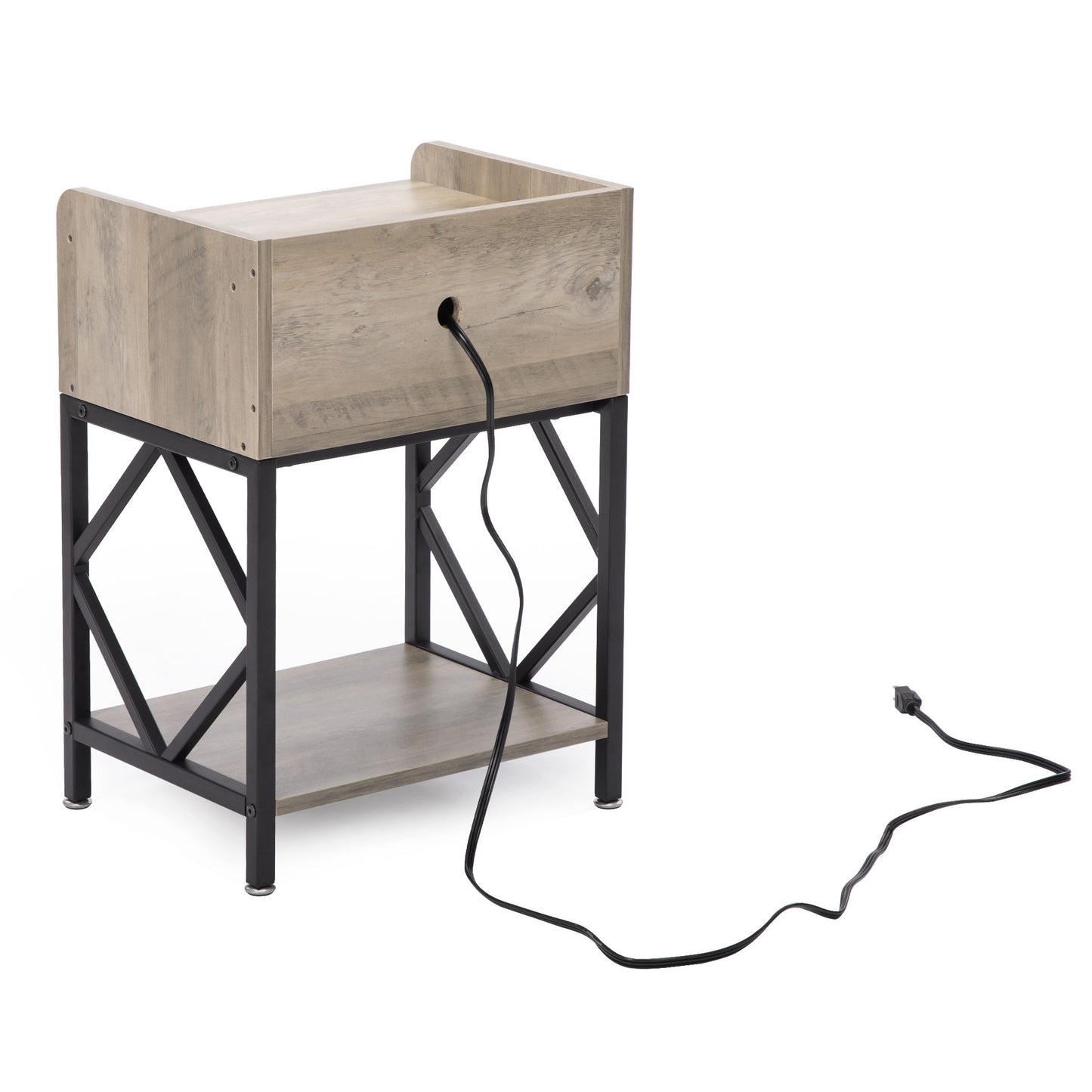 Set of 2 Farmhouse Style Wood End Table Nightstands with Charging Stations and USB Ports, Gray