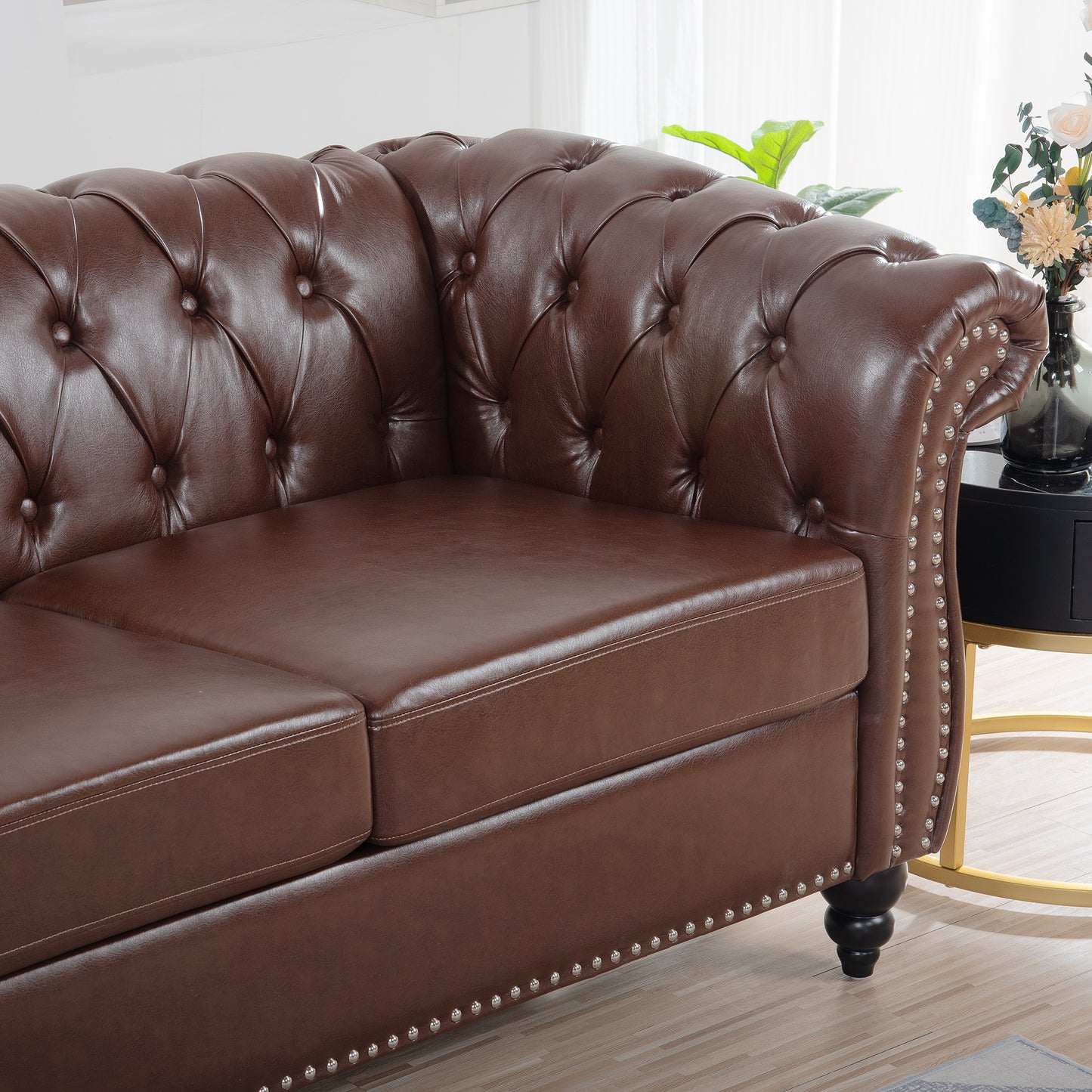 Dark Brown, Vegan Leather, Curved Arm, Chesterfield Inspired, Three Seat Sofa.
