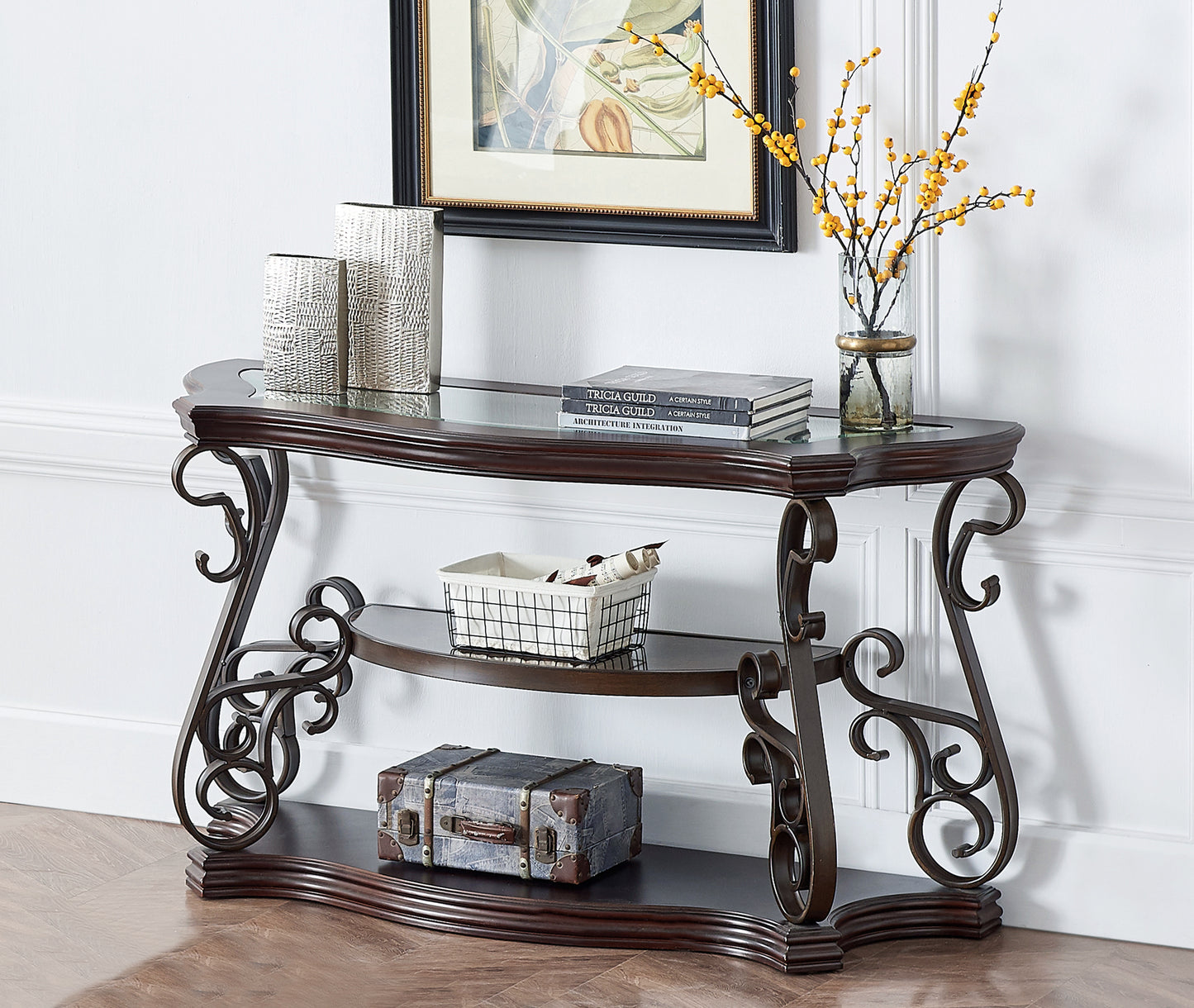 Glass Top Accent Table, Sofa Table with 3 shelves and Scroll Metal Legs.