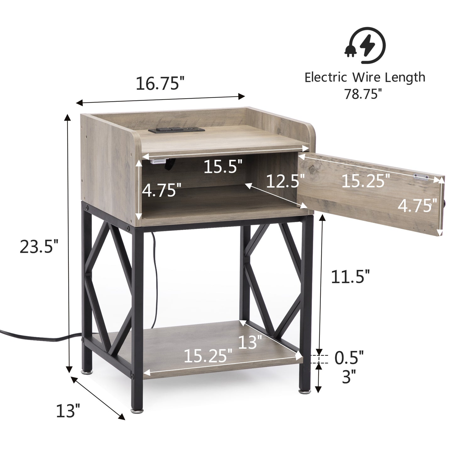 Set of 2 Farmhouse Style Wood End Table Nightstands with Charging Stations and USB Ports, Gray
